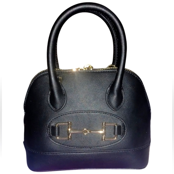 Mini Satchel Convertible Crossbody Bag w/ Horsebit Design, Black, Vegan Leather - Picture 1 of 4